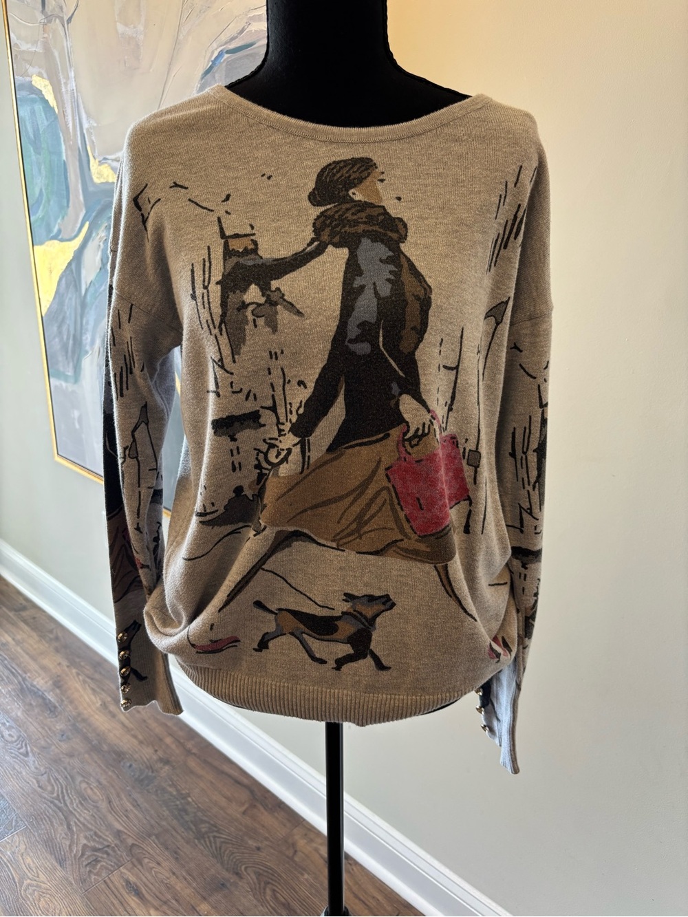 Tricotto Beige Graphic Crewneck Sweater with Red Accent